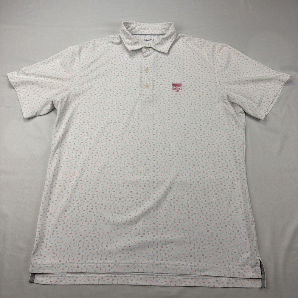 Johnnie-O Polo Shirt Mens LARGE White Blue Pink Geometric Print Golf Performance
